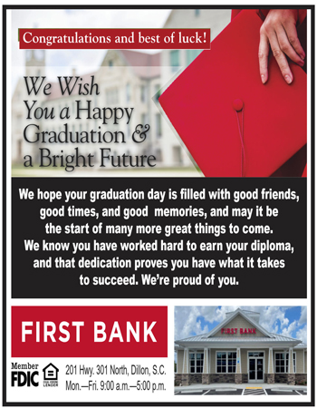 Graduation card with congratulatory message, a hand holding a red graduation cap, and the First Bank building and logo at the bottom.