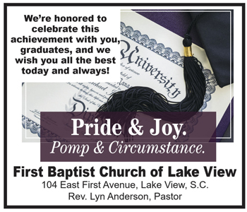 Graduation cap and diploma with congratulatory message from First Baptist Church of Lake View, celebrating graduates and wishing them success, featuring purple and white design elements.