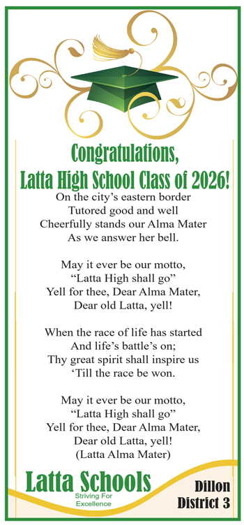 Congratulations message and school alma mater lyrics for Latta High School Class of 2026, encouraging school spirit and perseverance.
