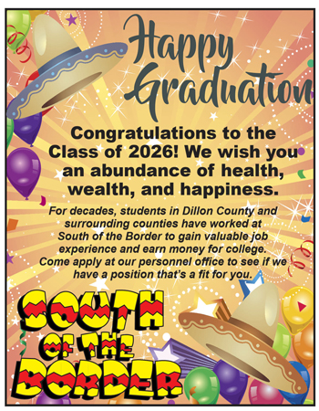 Festive graduation poster with balloons, confetti, and a congratulatory message to the Class of 2026, encouraging students to apply for work at South of the Border.
