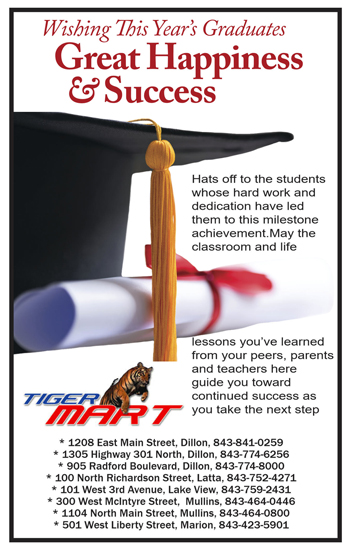 Graduation cap and diploma with message congratulating students for hard work, urging them to use lessons from peers and teachers for continued success. Tiger Mart logo and contact info.