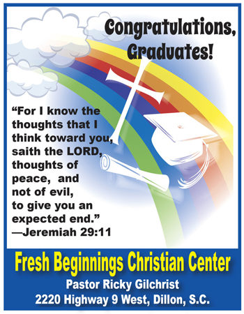 Congratulations graduates! Christian-themed graphic with rainbow, cross, diploma, graduation cap, Bible verse Jeremiah 29:11, and text: Fresh Beginnings Christian Center.
