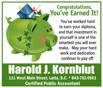 Green piggy bank with graduation cap, diploma, leaves, and congratulatory message. Information for Harold J. Kornblut, Certified Public Accountant, with address and phone number included.