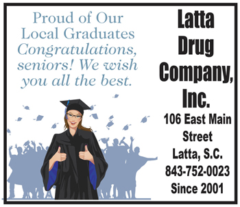 Graduate in cap and gown giving thumbs up with congratulatory message for local seniors from Latta Drug Company, Inc., including contact information and address in Latta, S.C.