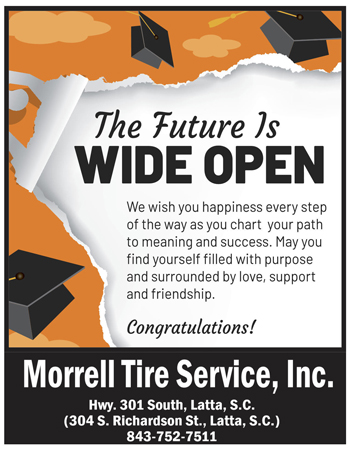 Graduation card with message: "The Future Is Wide Open," wishing happiness, purpose, and support. Includes graduation caps and is from Morrell Tire Service, Inc.