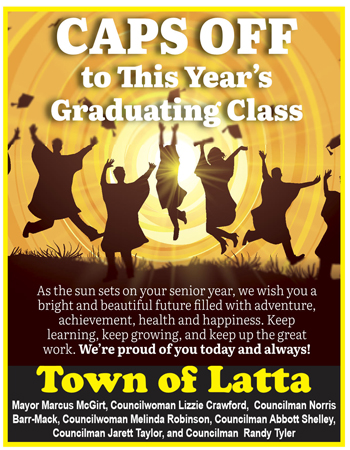 Silhouettes of graduates in caps and gowns jumping with joy, with congratulatory text and a message from the Town of Latta honoring the graduating class.