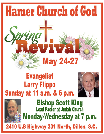 Flyer for Hamer Church of God Spring Revival, May 24-27, with speakers Larry Flippo and Scott King, service times, and address in Dillon, S.C.