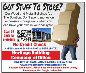 Person carrying boxes, ad for Heritage Building Company of Dillon offering wood and metal storage buildings, no credit check, contact info, QR code, and store photo included.