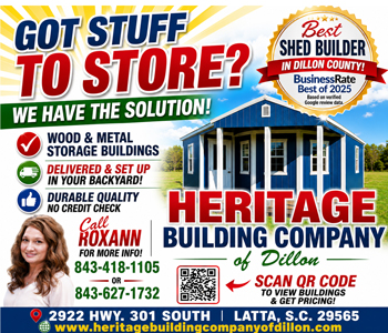Advertisement for Heritage Building Company offering wood and metal storage buildings, delivery, durable quality, contact details, and a QR code. Features a photo of a woman and a blue shed.