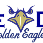 Logo with text "Pee Dee Golden Eagles," featuring a stylized eagle head between "Pee" and "Dee" in blue and gold colors.