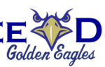 Logo with text "Pee Dee Golden Eagles," featuring a stylized eagle head between "Pee" and "Dee" in blue and gold colors.