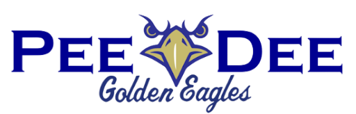 Logo with text "Pee Dee Golden Eagles," featuring a stylized eagle head between "Pee" and "Dee" in blue and gold colors.