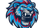 A fierce blue lion head with red accents, growling and holding a hockey puck in its mouth, logo style.