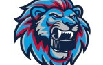 Stylized blue and red lion head with fierce expression, biting a black hockey puck, on a white background.