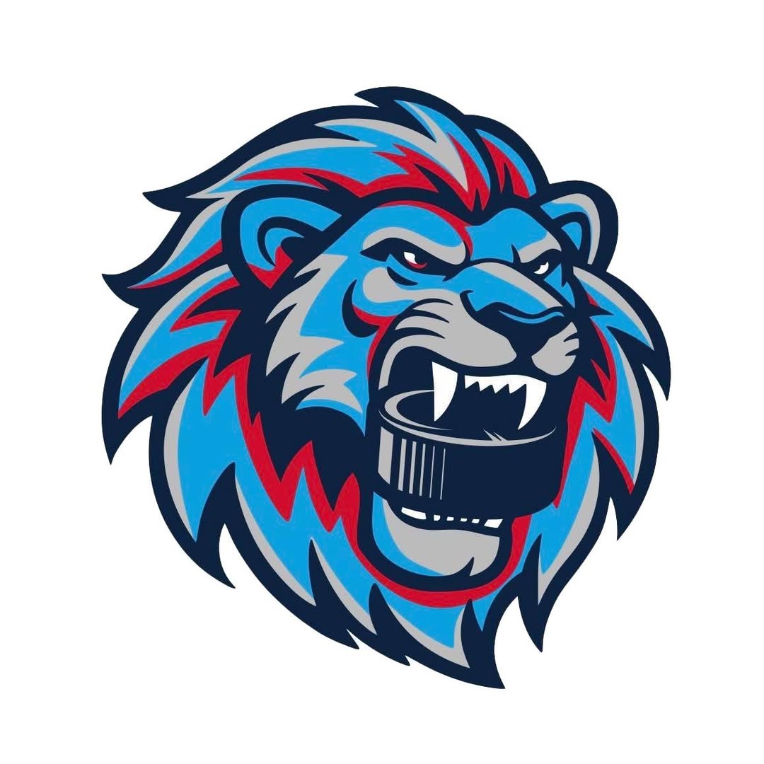 Stylized blue and red lion head with fierce expression, biting a black hockey puck, on a white background.