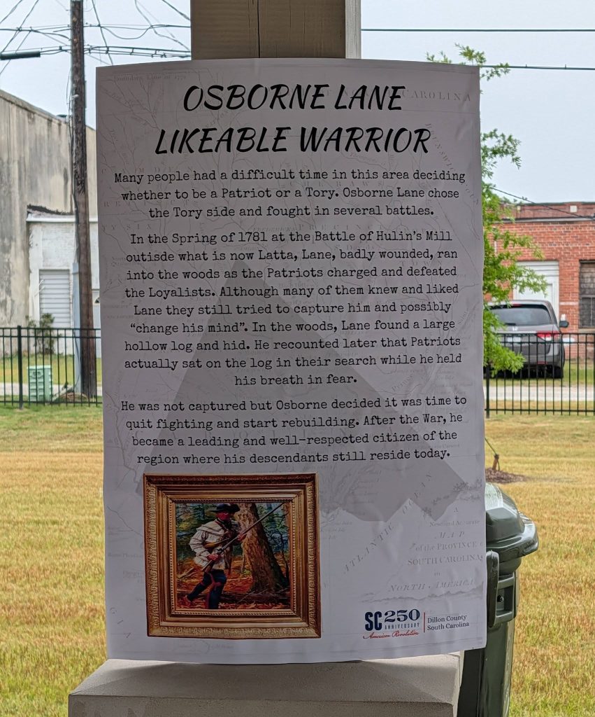 Poster titled "Osborne Lane Likeable Warrior" with historical text and a framed painting of a colonial-era man with a sword in the woods.