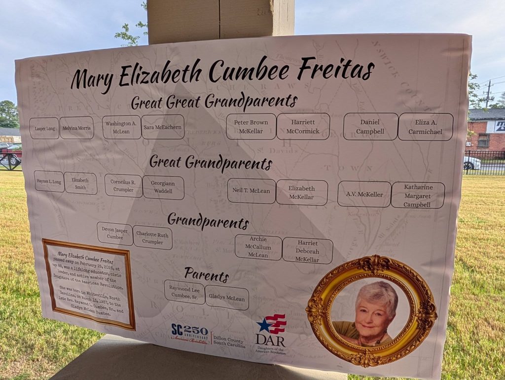 Family genealogy chart for Mary Elizabeth Cumbee Freitas with her ancestors’ names, a biography section, and a portrait photo of her in a golden frame.