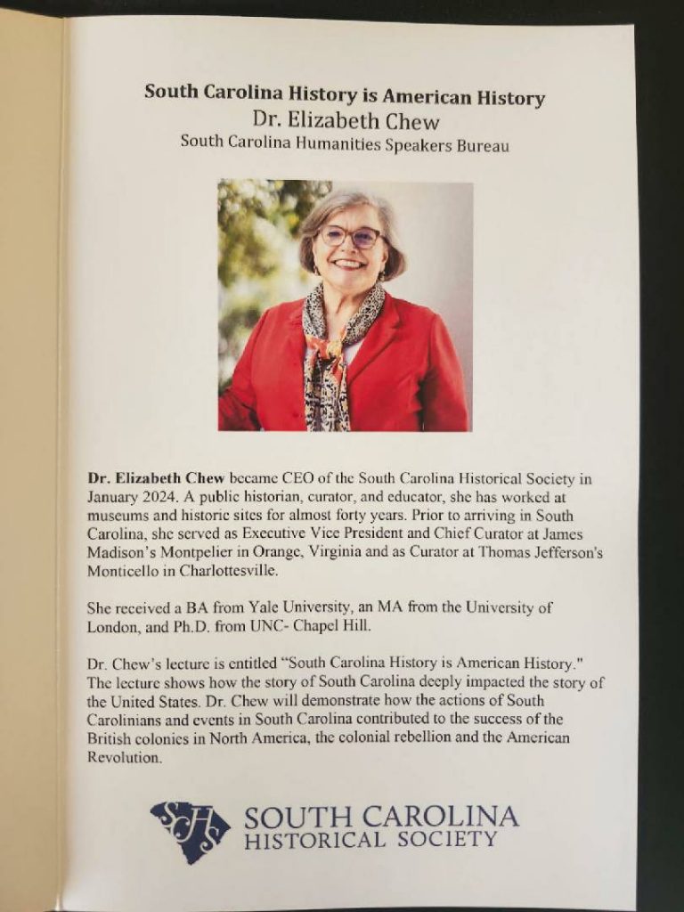 Flyer for Dr. Elizabeth Chew’s lecture, “South Carolina History is American History,” with her photo and biography, presented by South Carolina Historical Society.