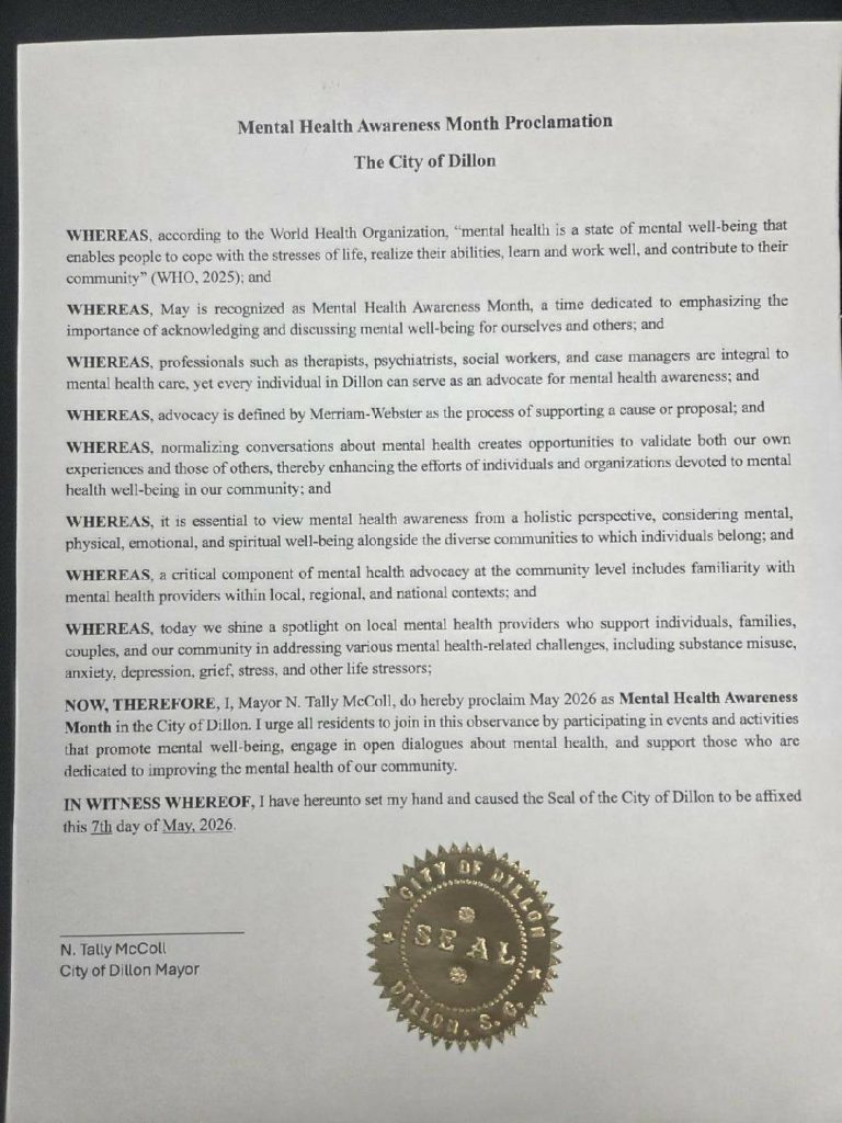 A proclamation document from the City of Dillon declaring May 2026 as Mental Health Awareness Month, signed by the mayor with an official gold seal at the bottom.
