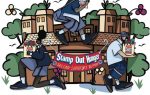 Cartoon letter carriers holding "Stamp Out Hunger" food bags, with houses, flowers, and a banner reading "Stamp Out Hunger Second Saturday in May." Text: "Letter Carriers' Food Drive."
