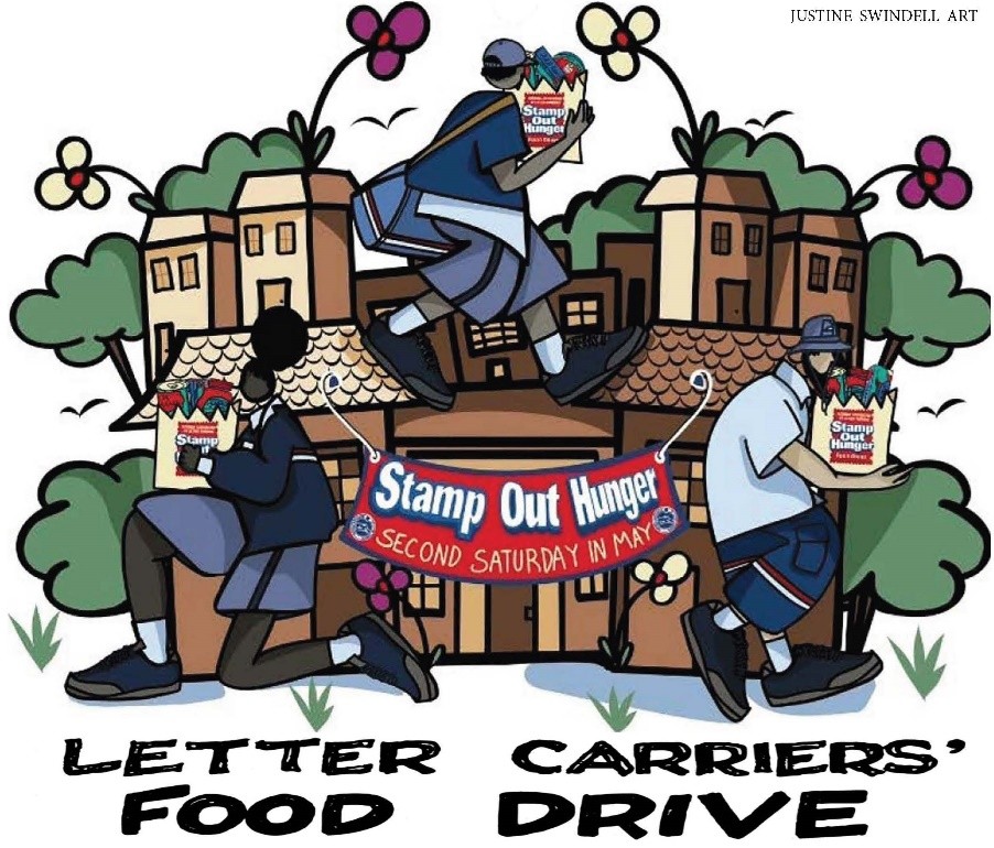 Cartoon letter carriers holding "Stamp Out Hunger" food bags, with houses, flowers, and a banner reading "Stamp Out Hunger Second Saturday in May." Text: "Letter Carriers' Food Drive."