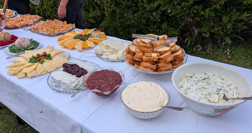 Assorted cheese trays, bread slices, spreads, dips, and appetizers arranged on a white tablecloth at an outdoor event.