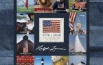 A sheet of postage stamps featuring American icons like the flag, hot dog, bear, vintage car, eagle, Empire State Building, lighthouse, burger, and dog. Curated by Ralph Lauren.