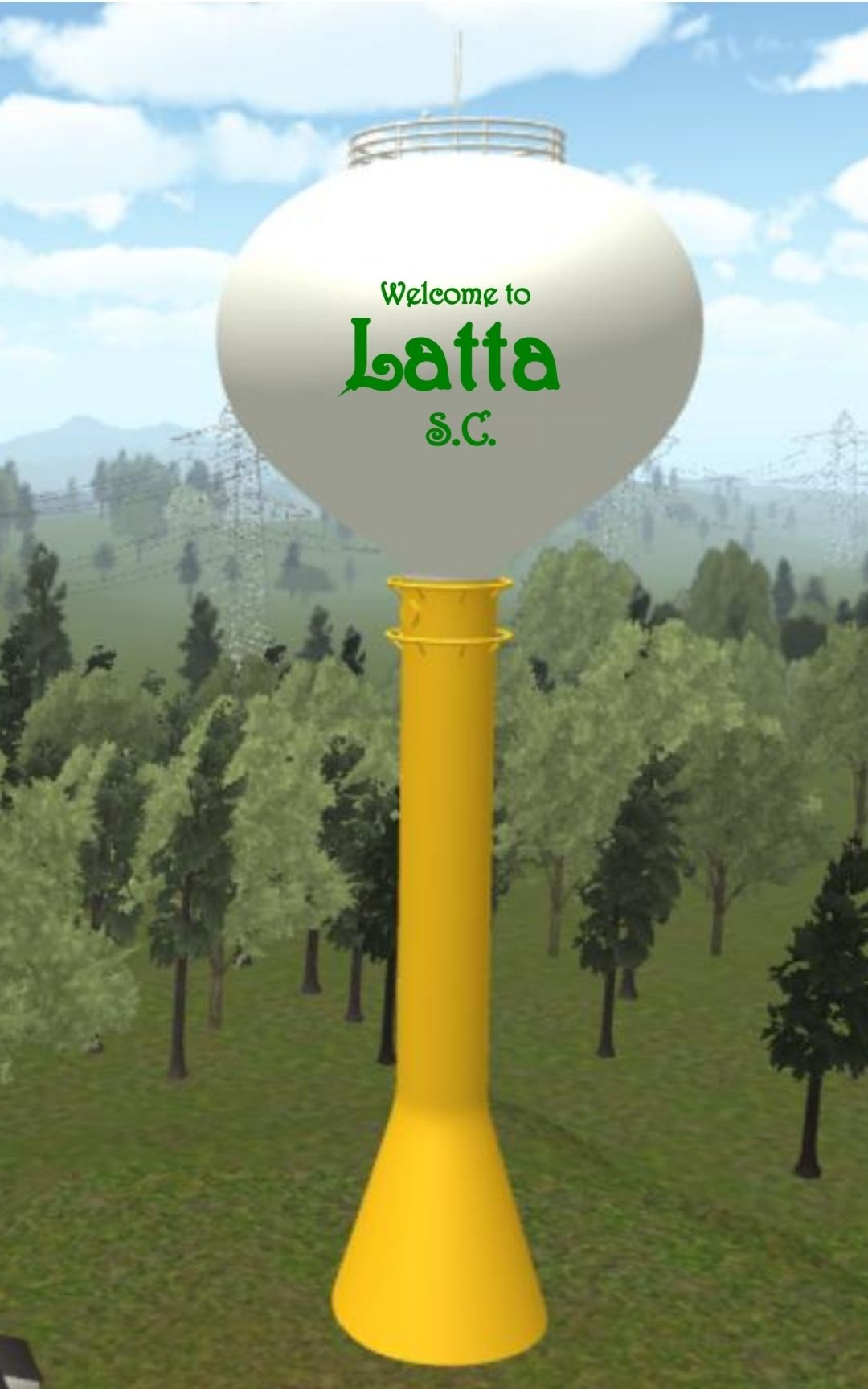 A tall yellow water tower with a white tank reads "Welcome to Latta S.C." surrounded by trees and a blue sky.