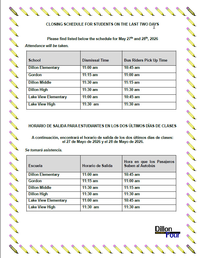 Closing schedule for students’ last two days, with dismissal and bus pickup times for multiple schools, in English and Spanish. Pencil border decorates the page.