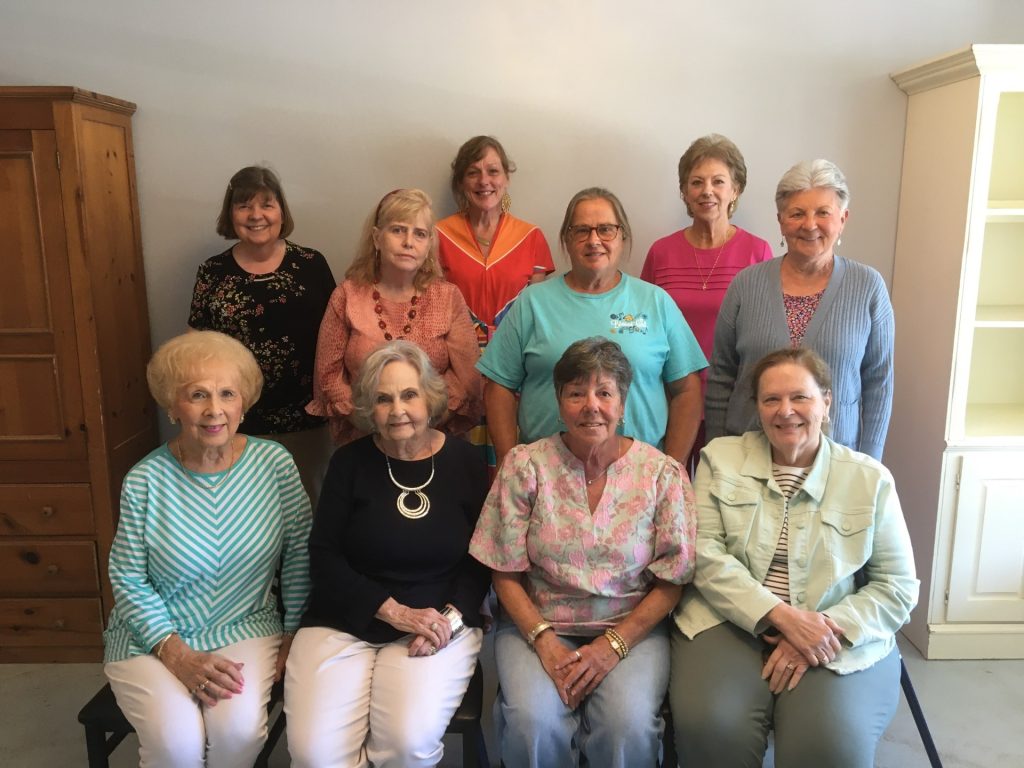 A group of eleven women posing indoors, sitting and standing in three rows, smiling at the camera with neutral background and wooden furniture.