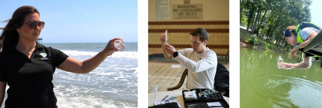 Three people collect and analyze water samples from different locations: a beach, an indoor pool, and a lake, highlighting water quality testing activities.