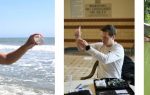 Three people collect and analyze water samples from different locations: a beach, an indoor pool, and a lake, highlighting water quality testing activities.