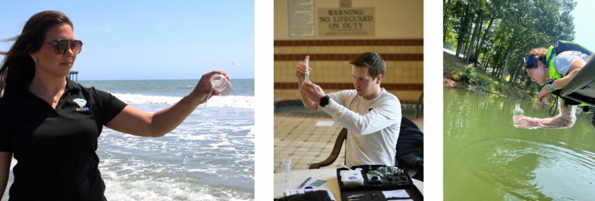 Three people collect and analyze water samples from different locations: a beach, an indoor pool, and a lake, highlighting water quality testing activities.
