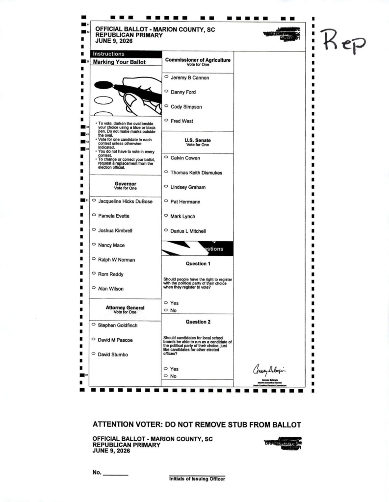 Official Marion County, SC Republican primary ballot for June 9, 2026, with options for multiple offices and two yes/no questions. Hand marking instructions and voter stub included.