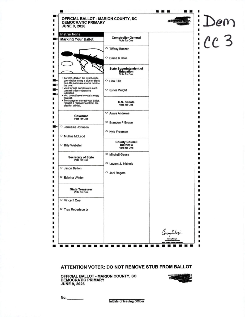 A South Carolina Democratic Primary ballot for June 9, 2026, listing multiple races and candidates, with instructions and a section marked "Dem CC 3" on the side.