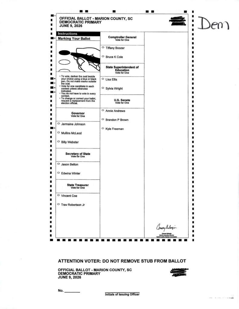Official Democratic primary ballot for Marion County, SC, June 9, 2026, showing candidate choices for various offices with instructions for marking the ballot.