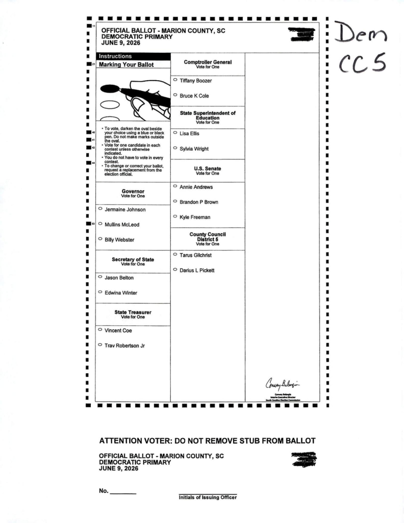 Official Marion County, SC Democratic Primary ballot for June 9, 2026, listing candidates for various offices with voting instructions and selection ovals.