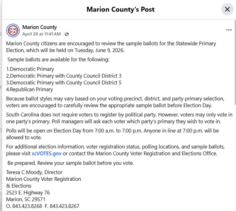 Marion County election notice about primary sample ballots, Election Day hours, party voting, and registration info, with contact details for voter assistance.