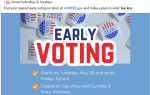 "Early Voting" sign with "I Voted" stickers; voting dates, hours, and closure information for South Carolina primaries displayed below.