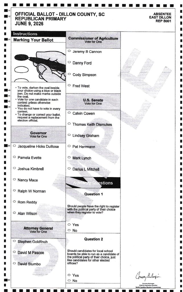 Sample ballot for Dillon County, SC Republican Primary, June 9, 2026, showing candidate and referendum options for various offices and instructions for marking the ballot.