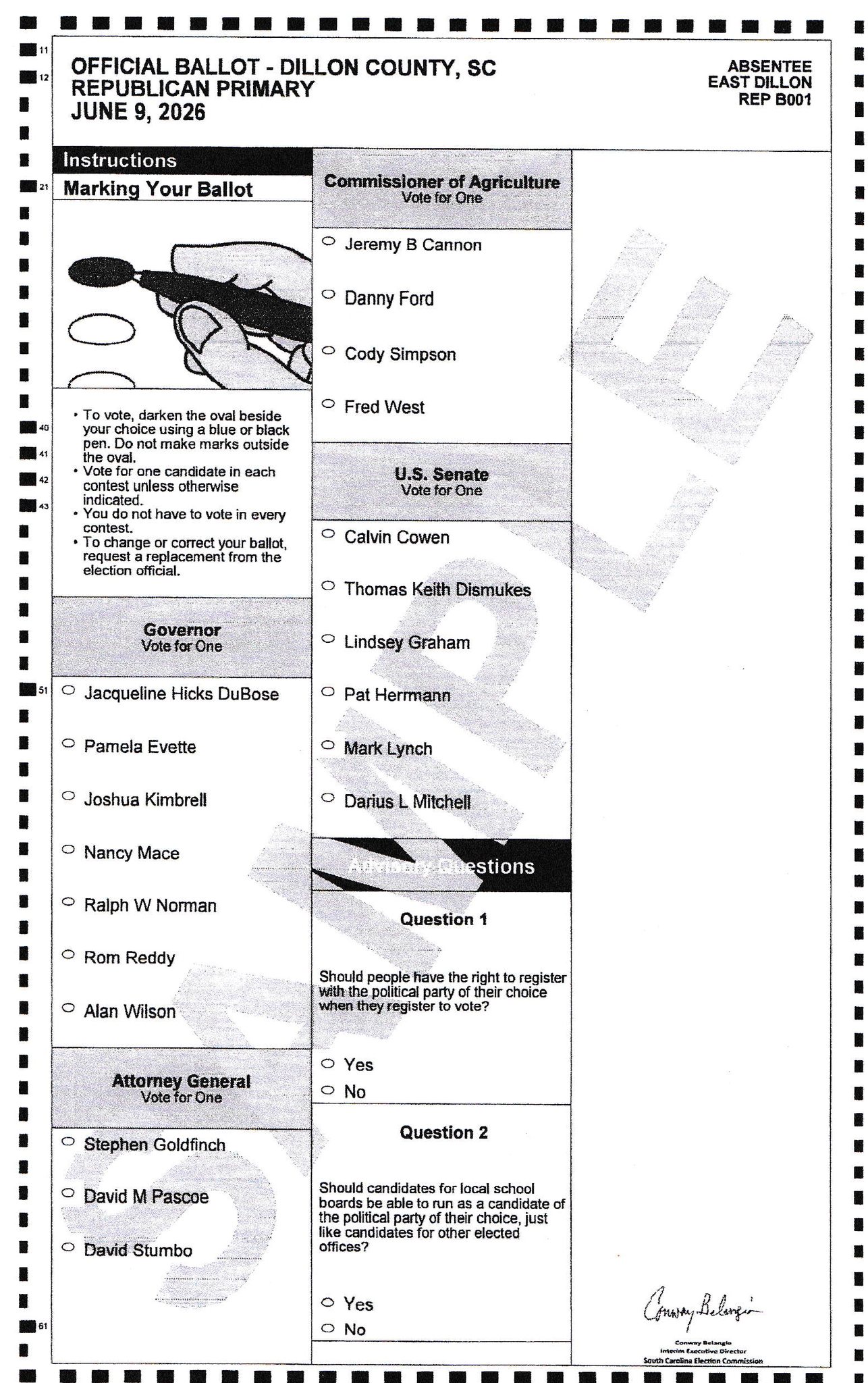 Sample ballot for Dillon County, SC Republican Primary, June 9, 2026, showing candidate and referendum options for various offices and instructions for marking the ballot.