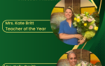 Latta Elementary School presents Teacher of the Year, Mrs. Kate Britt, and Support Staff of the Year, Mrs. Kelly Smith, each holding bouquets of flowers.