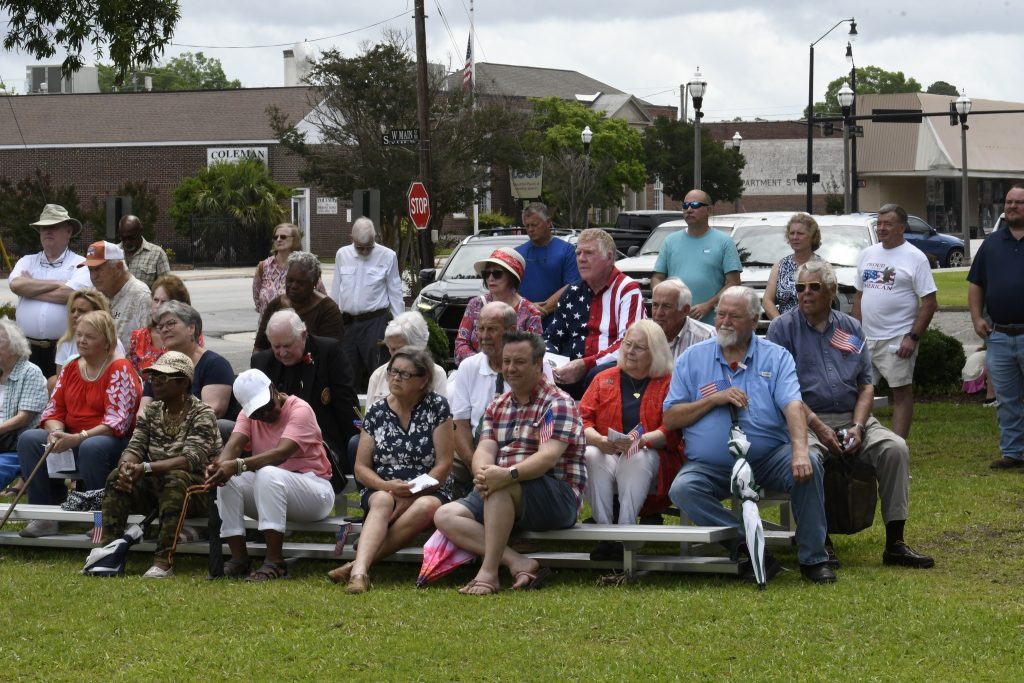 A group of adults sitting and standing on bleachers outdoors, some dressed in patriotic attire, with houses and cars in the background on a cloudy day.