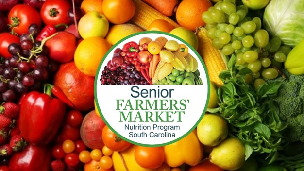 Colorful fruits and Vegetables with Senior Farmer’s Market logo