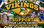 Latta Vikings baseball team state championship game postponed until Wednesday at 7 p.m.; bold yellow and green text with images of players.