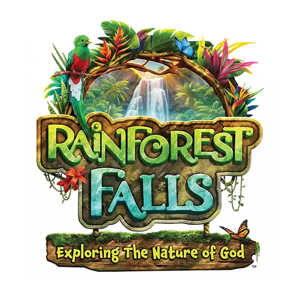 Rainforest Falls logo with colorful tropical plants, a waterfall, and the tagline "Exploring the Nature of God."