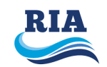 The letters "RIA" in bold blue above stylized blue waves on a white background.