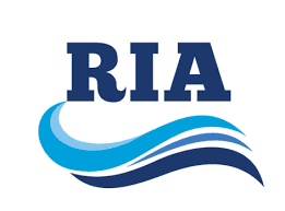 The letters "RIA" in bold blue above stylized blue waves on a white background.