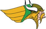 A stylized Viking head wearing a horned helmet with a flowing yellow and green wing-like shape extending backward.