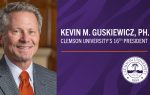 Portrait of a man in a suit beside text reading "Kevin M. Guskiewicz, Clemson University's 16th President" on a purple background.